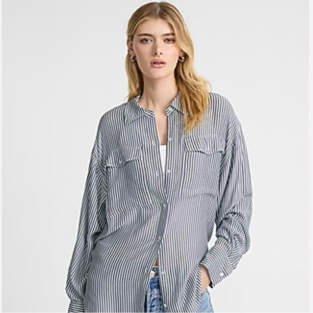Express Navy and White Striped Long Sleeves Blouse Size Small